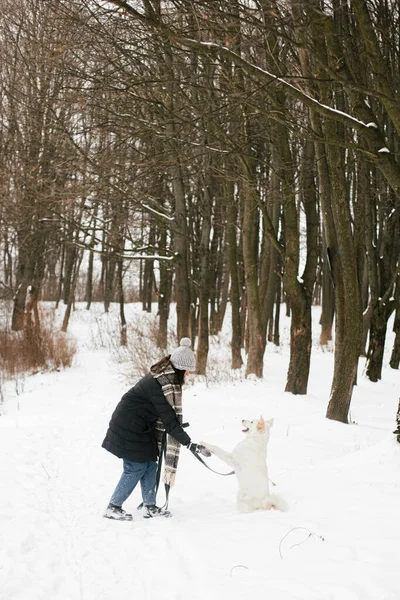 Mulher Hipster Elegante Brincando Com Cão Bonito Parque Inverno Nevado — Fotografia de Stock