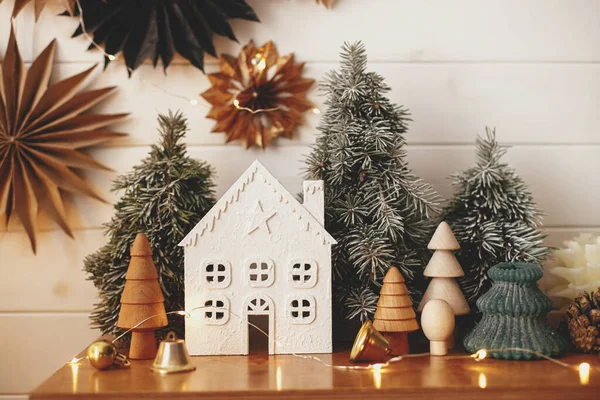 Stylish Christmas Little House Trees Golden Lights Background Paper Stars — Stock Photo, Image