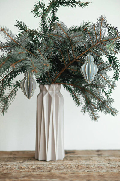 Stylish Christmas Ornament Fir Branch Modern Vase Close Modern Wooden — Stock Photo, Image
