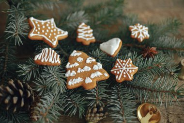 Noel kurabiyeleri köknar dallarında ve çam kozalakları kırsal ahşap masada. Atmosferik kış görüntüsü. Seasons selamı. Lezzetli ev yapımı kurabiyeler. İyi tatiller.