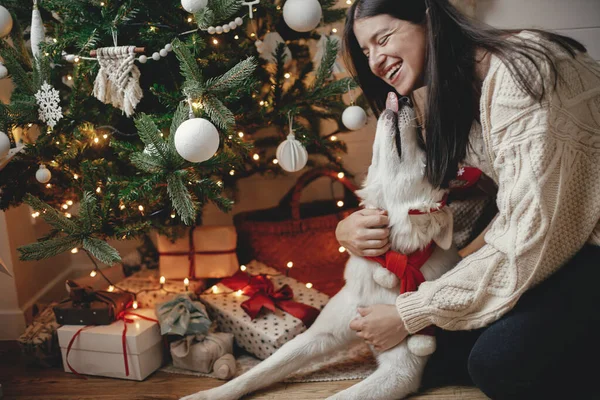 Stijlvolle Vrouw Gezellige Trui Strelen Schattige Hond Onder Kerstboom Met — Stockfoto