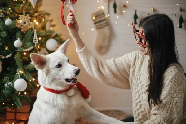 Stijlvolle Vrolijke Vrouw Gezellige Trui Spelen Met Schattige Hond Onder — Stockfoto