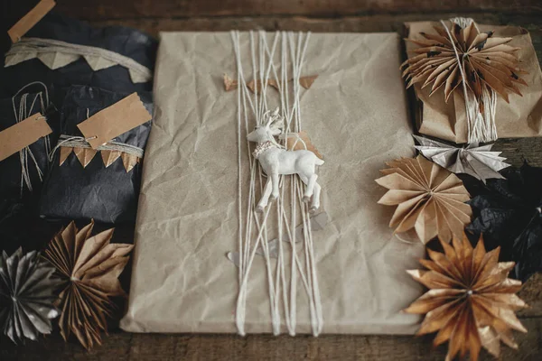 Stylish Christmas Gifts Wrapped Craft Black Paper Reindeer Toy Swedish — Stock Photo, Image
