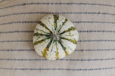 Modern kırsal yastıkta çizgileri olan şık çizgili balkabağı. Balkabağı düzlüğü. Merhaba sonbahar, sonbahar tatili için ev dekorasyonu. Asgari resim