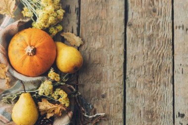 Şükran Günü yatıyordu. Şık balkabağı, sonbahar yaprakları, çiçekler, armutlar ve eski ahşap arka planda rahat bir battaniye. Kırsal sonbahar sınırında metin için boşluk var. Mutlu Şükran Günü ve Cadılar Bayramı