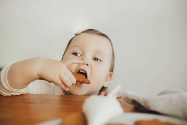 Cute Little Girl Eating Freshly Baked Gingerbread Cookie Close Authentic — Stock Photo, Image