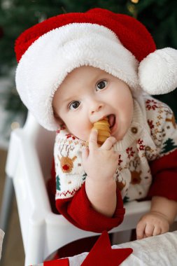 Noel Baba şapkalı mutlu bebek ve Noel süveteri ile süslenmiş Noel ağacına karşı hediyeli ahşap Noel oyuncağı ısırıyor. Mutlu Noeller.!