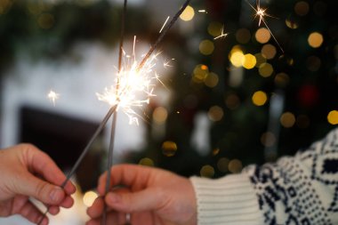 Noel ağacı ve şömine karşısında havai fişek tutan eller süslü, rahat bir oturma odasında. Mutlu yıllar! Atmosferik aile kutlaması, ellerinde yanan maytaplarla.