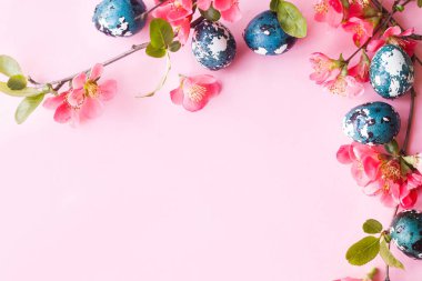 Paskalya düzlüğü. Paskalya yumurtaları ve pembe arka planda kırmızı çiçekler. Paskalya kutlaması, sezon kutlaması. İlkbahar modern çiçek bayrağı