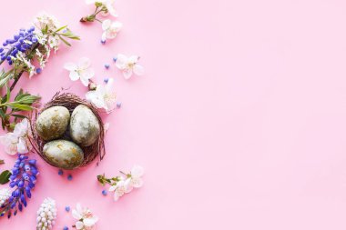 Mutlu Paskalyalar! Yuvasında kiraz çiçekli paskalya yumurtaları pembe arka planda yatıyordu. Stil yay şablonu ve metin için boşluk. Paskalya tebrik kartı ya da afişi