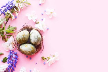 Paskalya düzlüğü. Yuvada zarif paskalya yumurtaları ve pembe arka planda kiraz çiçekleri. Paskalya kutlaması, sezon kutlaması. İlkbahar modern çiçek bayrağı