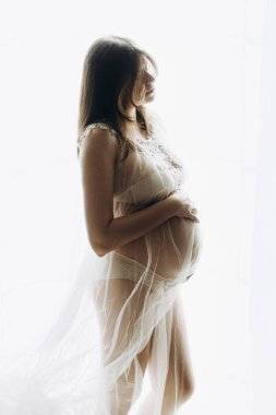 Güzel hamile bir kadın kucağında bebek şişliği ve ışık altında poz veriyor. Anneler Günün kutlu olsun! Sağlıklı hamilelik ve doğurganlık kavramı. Duvak takmış hamile bir kadın. Sarılmış göbek, hassas annelik.