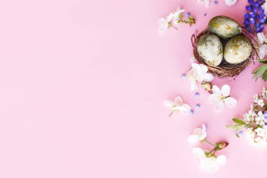 Paskalya düzlüğü. Yuvada zarif paskalya yumurtaları ve pembe arka planda kiraz çiçekleri. Paskalya kutlaması, sezon kutlaması. İlkbahar modern çiçek bayrağı