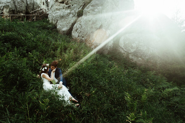 happy bride and stylish groom