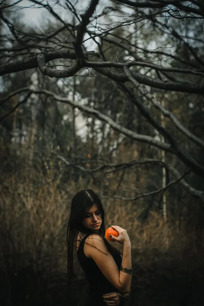 Брюнетка дівчина з яблуком — стокове фото