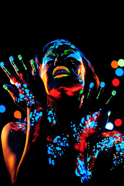 Neon boya bodyart portre ile kız — Stok fotoğraf