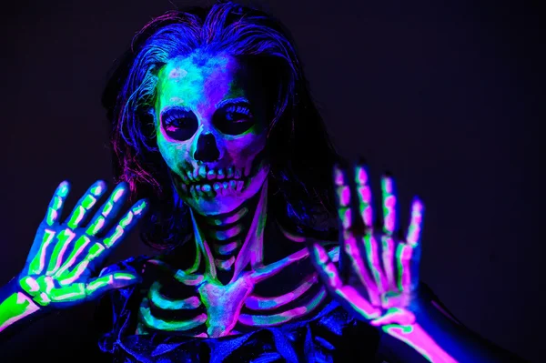 Skeleton bodyart with blacklight — Stock Photo, Image