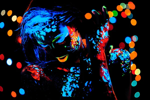 Girl with neon paint bodyart portrait — Stock Photo, Image