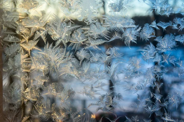 Fönsterglas täckt med is mönster — Stockfoto