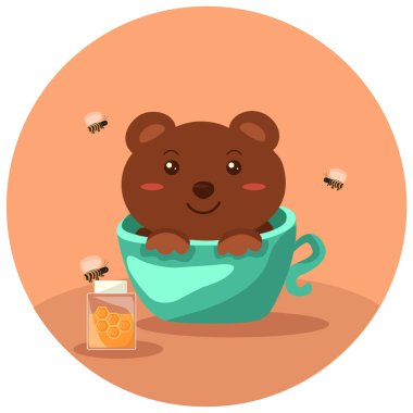 Bir kavanoz bal ve arıyla bir kapta çizgi film ayısı.