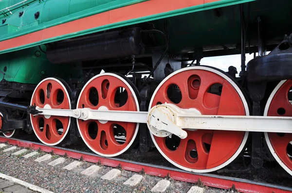 Hintergrund Struktur Große Räder Einer Dampflokomotive Dampflokomotive Auf Schienen Rote — Stockfoto