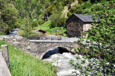 Hızlı nehrin üzerindeki kemerli köprü. Eski taş köprü. Sıcak yaz günü.