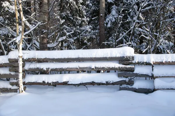 雪の森を背景に大きな丸太で作られた柵 冬のパノラマ — ストック写真