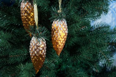 Noel ağacının dalında üç koni. Noel ağacı için süsleme. Geçmişi. Yeni Yıl ve Noel