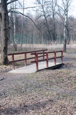 Şehir parkındaki derenin üzerindeki tahta köprü. Doğa, bahar.