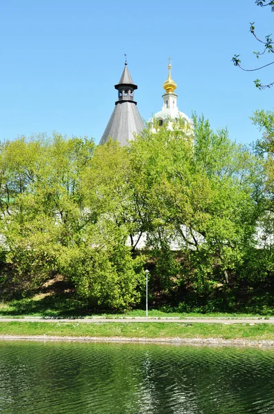 Widok Klasztor Novospassky Kopuła Katedry Szczyt Narożnej Wieży Klasztoru — Zdjęcie stockowe