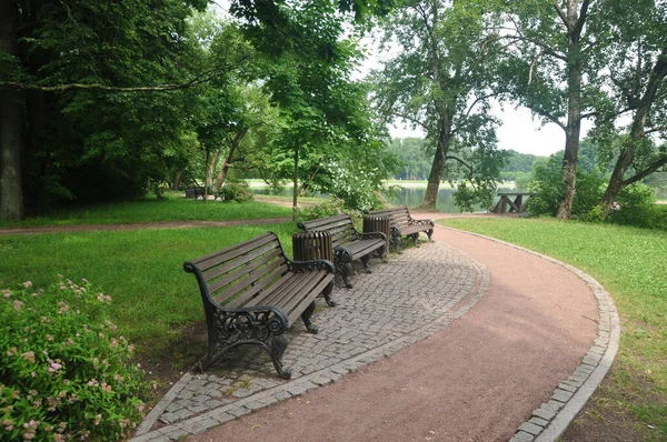 Panoramic View City Park Garden Benches Backdrop Park Path Pond — Φωτογραφία Αρχείου