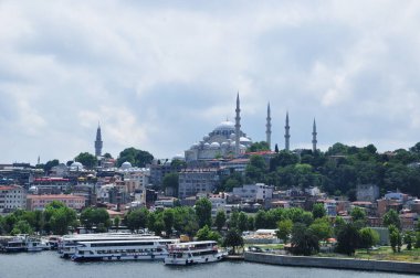 İstanbul 'un panoramik manzarası. Şehrin yaz manzarası ve güzel bir cami. 10 Temmuz 2021, Sambul, Türkiye.