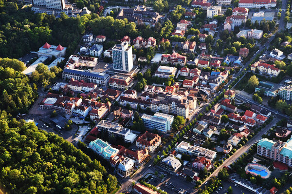 Panoramic view of the city of Keszthely. Top view of the city, houses and streets.