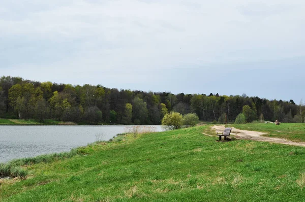 Panoramautsikt Över Parken Sjön Bänkar För Vila Glänta Vid Grusväg — Stockfoto