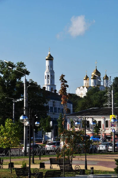 Panoráma Város Brjanszk Kilátás Templom Közbenjárása Legszentebb Theotokos Város Főterén — Stock Fotó