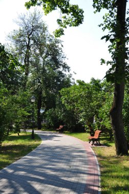 Şehir parkının panoraması. Parkın arka sokağı taştan yapılmış, dinlenmek için banklar. Güneşli bir gün.