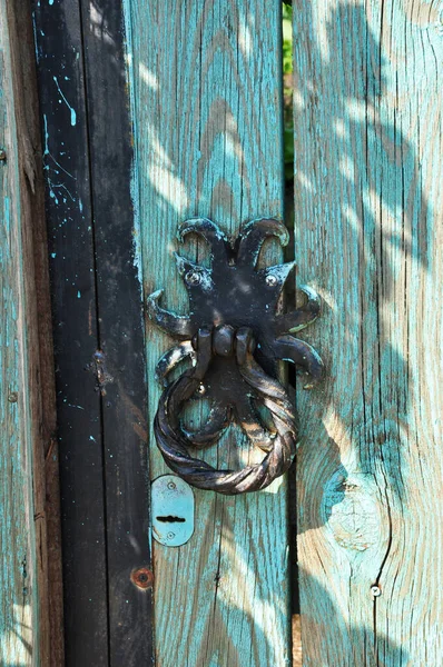 Large Metal Door Handle Close Old Handle Ring Wooden One — Stock Photo, Image