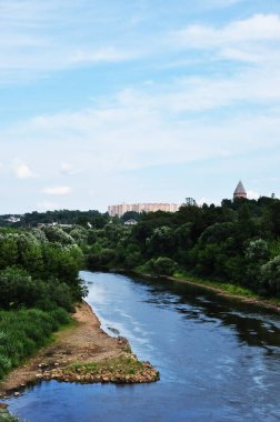 Nehir ve ormanın panoramik manzarası. Rusya 'nın Smolensk kentindeki Dinyeper Nehri manzarası.