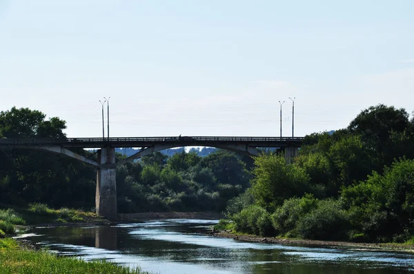 Panorámás Kilátás Nyílik Nagy Hídra Folyó Felett Folyó Növényzettel Part — Stock Fotó