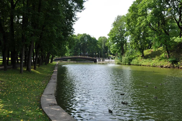 城市公园的全景 俯瞰池塘上的桥和长满大树的河岸 — 图库照片