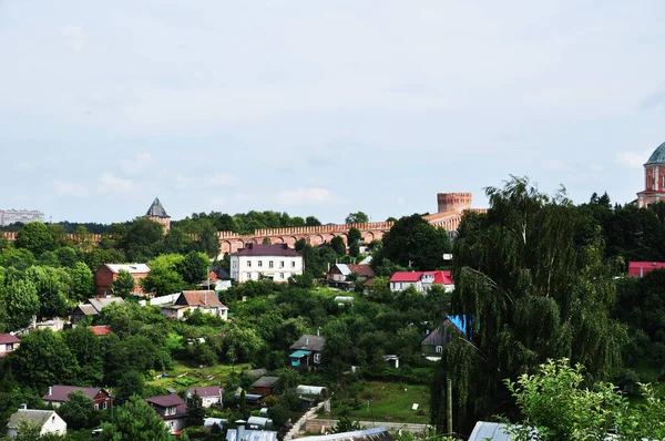 Panorama Smolensk Vista Antiga Muralha Fortaleza Torres Casas Madeira Residenciais — Fotografia de Stock