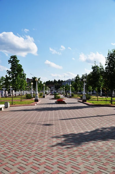 Panorama Rynku Miasta Widok Aleję Parkową Wyłożoną Wielobarwnymi Płytkami Latarnie — Zdjęcie stockowe