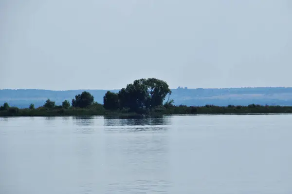 Vue Panoramique Sur Lac Côtes Avec Arbres Buissons Surface Calme — Photo