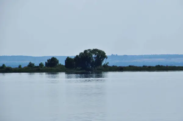 Panoramautsikt Över Sjön Kustlinje Med Träd Och Buskar Sjöns Lugna — Stockfoto