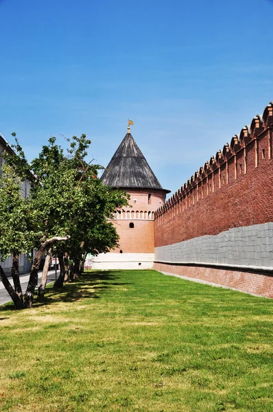 Vue Sur Vieux Mur Briques Tour Angle Tula Kremlin Clairière — Photo