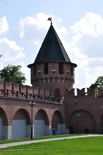 Torre Canto Parede Tijolo Tula Kremlin Parede Fortaleza Com Dentes — Fotografia de Stock