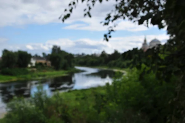 Panorama Buram Sungai Dari Fokus Pandangan Belokan Sungai Dan Tepi — Stok Foto