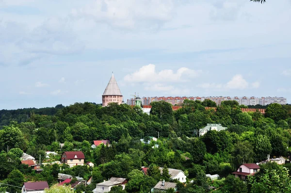 Panoramablick Auf Private Häuser Und Einen Hohen Turm Mit Holzdach — Stockfoto