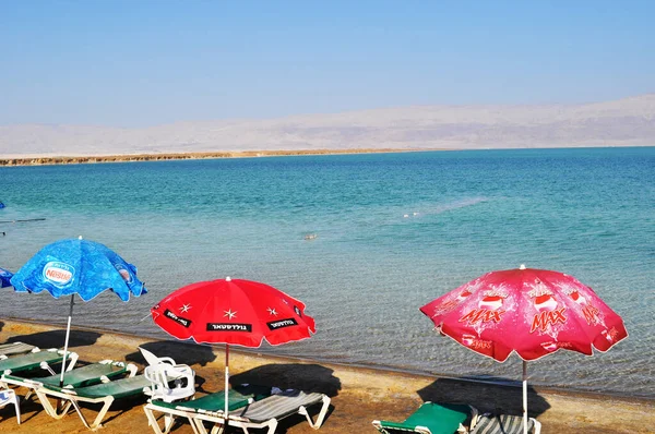 Vista Panorámica Playa Del Mar Muerto Israel Brillante Día Soleado — Foto de Stock