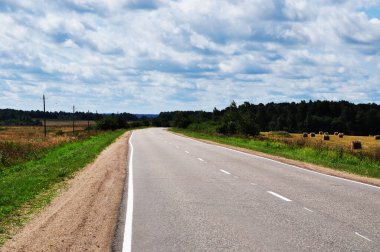 Terkedilmiş yolun panoramik manzarası. Yol çim biçme tarlalarından geçiyor. Fırtınadan önce.
